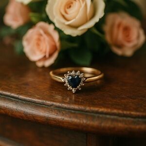 Vintage 9ct Gold Heart-Shaped Synthetic Sapphire & Genuine Diamond Halo Ring